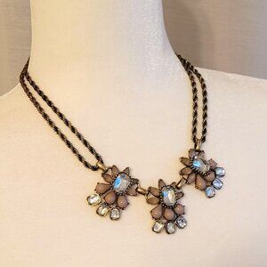 BR Double Strand Bronze Chain with 3 Pendants of Rhinestones and Gemstones